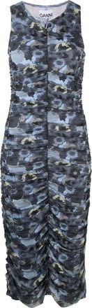 Ganni floral-print ruched midi dress - women - Recycled Polyamide/Recycled Polyamide/Spandex/Elastane - 36 - Blue