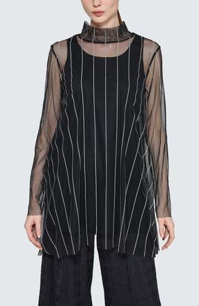 Luukaa D'Celli Noelle Striped Mesh Layered Blouse in Black Ecru at Nordstrom, Size 10