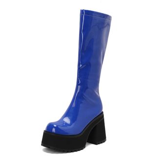 Generic Womens Patent Leather Casual Long Boots Block High Heel Knee High Boots Round Toe Platform Boot with Side Zipper,Blue,5.5 UK