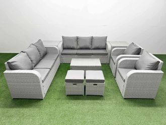 Fimous PE Rattan High Back Lounge Sofa Set Patio Coffee Table & Chairs Set with 3 Seater Sofa Reclining Chair Stools 2 Side Table Light Grey