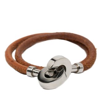 Herm&egrave;s Tan Palladium Plated and Leather Lancelot Double Tour Bracelet