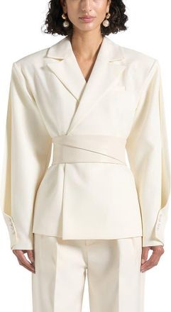 Mani&egrave;re De Voir Marie Twist Sleeve Tailored Blazer with Belt in Cream at Nordstrom, Size 10