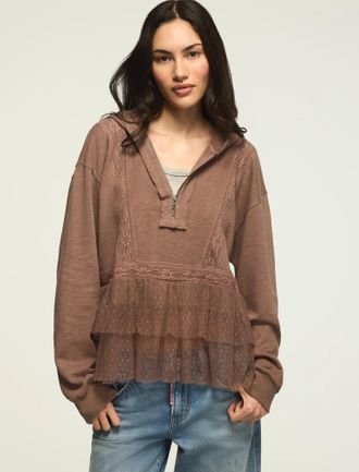 Lucky Brand Womens Lace Trim Peplum Zip Up