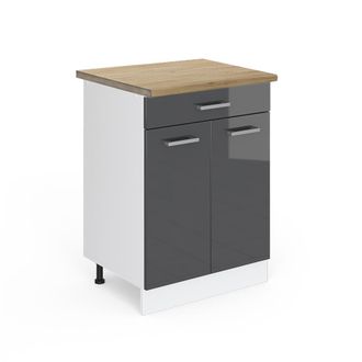 Vicco Mueble Bajo De Cocina R-line, Antracita Alto Brillo, 60 Cm Con Caj&oacute;n, Et Roble