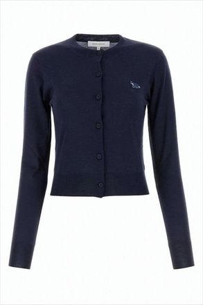 Maison Kitsuné Cropped Blue Wool Cardigan With Button-Down Closure And Embroidered Detail