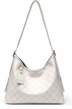 Generic Checkered Shoulder Bag Brown and White PU Leather Tote Bag for Women Travel Work (Style 3)