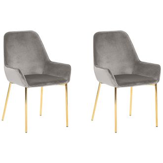Beliani Beliani - Conjunto De 2 Sillas De Comedor Tapizadas En Terciopelo Gris Con Patas Doradas Estilo Retro Glamour Loverna