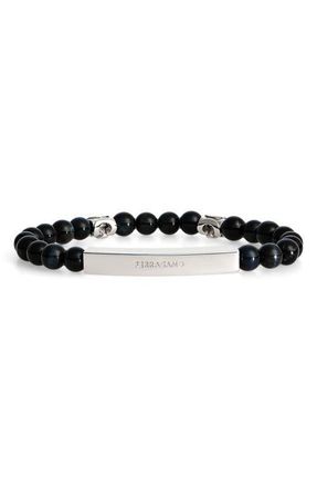 Ferragamo Mens Logo Plate Falcons Eye Beaded Bracelet in Falcons Eye at Nordstrom