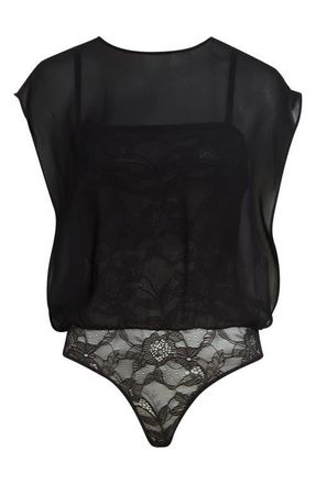 Alaia Georgette Overlay Lace Bodysuit in Noir Alaia at Nordstrom, Size 10 Us