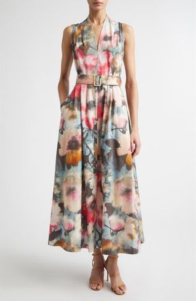 Lela Rose Floral Print Belted Cotton Dress in Mist Multi at Nordstrom, Size 6