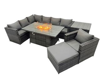 Fimous Rattan Garden Furniture Dining Set 8-seater with Big Stool Side Table in Dark Grey