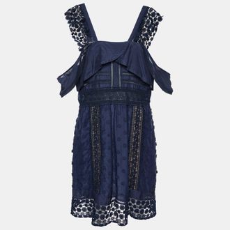 Self Portrait Navy Blue Lace Paneled Bluebell Midi Dress