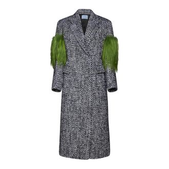 Prada Jassen, Dames, Grijs, S, Wol, Grijze Herringbone Wollen Jas