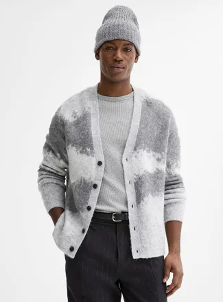 Jack & Jones Mens Gradient grey fuzzy jacquard Cardigan Sweater