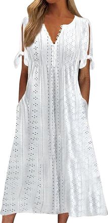 Generic Boho Dresses for Women UK Milkmaid Eyelet Dress Elegant Summer Short Sleeve V Neck Button Beach Sundress Hollow Out Knee Length Kaftan Dresses Ladies 