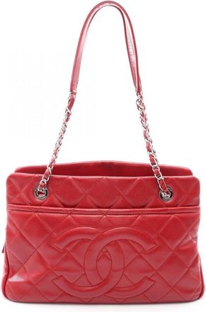 Chanel Red Color Grained Calfskin Handbag Tote Bag (Pre-Owned)