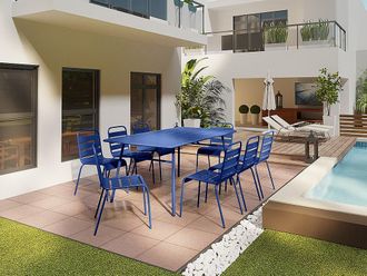 Vente-Unique Sala da pranzo da giardino un tavolo L.200 cm e 8 sedie impilabili in Metallo Blu notte - MIRMANDE di MYLIA