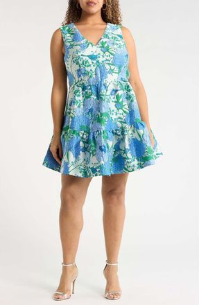 Sugarlips Willa Floral May Jacquard Tiered Mini Dress in Blue-Whte at Nordstrom, Size 1 X