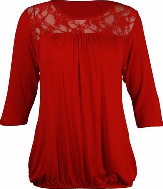 Purple Hanger New Womens Floral Lace Neckline 3/4 Short Sleeve Ladies Ruched Gathered Stretch T-Shirt Trim Top Plus Size Red Size 26 - 28