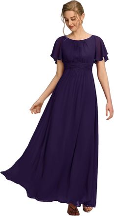 Ever-pretty Womens Maxi Bridesmaid Dress with Ruffles Sleeve Pleated Elegant Chiffon Dark Purple 22UK