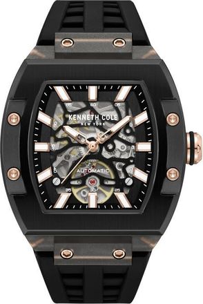 Kenneth Cole Skeleton Tonneau Automatic Silicone Strap Watch, 41.5mm x 53.5mm in Black at Nordstrom