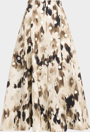 Lela Rose Ikat Metallic Polka-Dot Print Midi Skirt