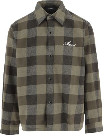 Amiri Green Embroidered Logo Checked Cotton Shirt