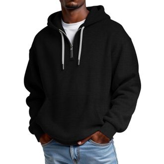 Generic Oversized Hoodie Men Quarter Zip Jumper Waffle Knit Sweatshirt Baggy Hoodies With Pocket Long Sleeve Pullover 1/4 Zip Sweatshirt Drawstring Plus Size 