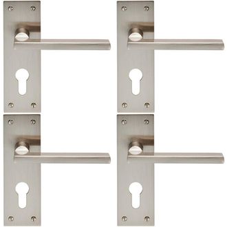 Loops 4x PAIR Straight Bar Handle on Slim Euro Lock Backplate 150 x 50mm Satin Nickel in Metallics