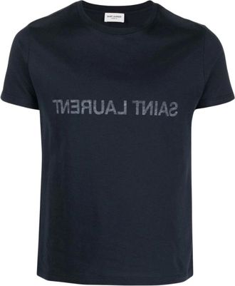 Saint Laurent Navy Blue T-shirt met logo-print - Heren - T-shirts - Blauw - L - Katoen - Tops
