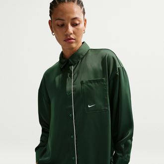 Nike Womens Nike Sportswear Oversized Satin Long-Sleeve Top in Green | IM0575-323