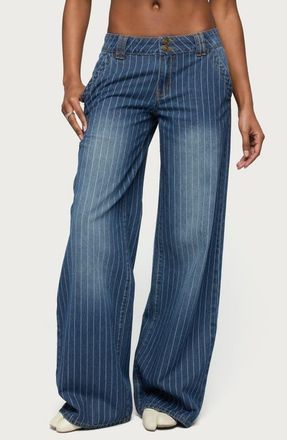 Edikted Cory Stripe Low Rise Wide Leg Jeans in Blue at Nordstrom, Size X-Small