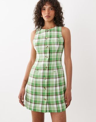 Nobody's Child Ellie - Vestito corto a gilet senza maniche in misto lino verde a quadri con bottoni