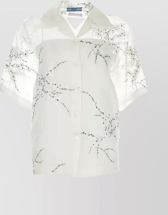 Prada silk blend sheer shirt with floral embroidery