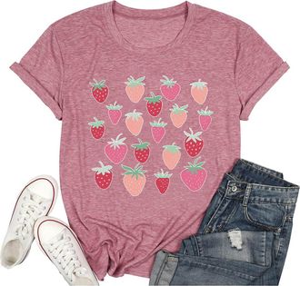 Generic Strawberry Shirts Fruit Tshirts Strawberries Graphic Tee Garden Clothing Gardener Gift Tops 2025 New Blouses for Women UK Tops for Women UK