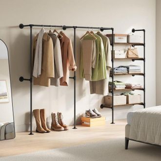 Woltu Appendiabiti, Guardaroba a Giorno con 5 Ripiani 2 Aste, Attaccapanni con Montaggio a Parete, Porta Abiti, Nero + Marrone Rustico - Woltu