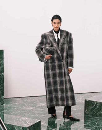 Asos Giacca doppiopetto taglio lungo marrone e grigio a quadri-Multicolore