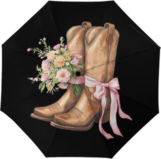 Generic Brown Boots with Ribbon Cute Folding Umbrella for Rain Sun Windproof Travel Umbrellas Lightweight Portable Automatic