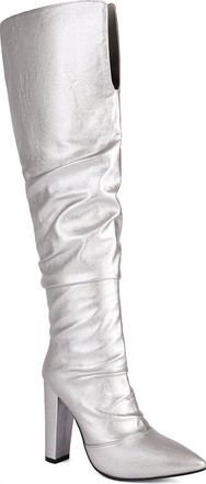 Generic Womens Pull on Slouch Long Boots Pointed Toe PU Leather Over The Knee Boots Chunky High Heel Thigh High Boot,Silver,4.5 UK