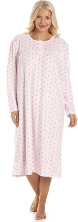 Camille Ladies Long Sleeved Nightdress - Polka Dot Smooth Womens Nightwear - Fleece Nightie with Round Neck Button Fastening Pink 14-16