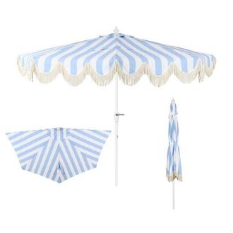 Jonathan Y Designs Beverly 9 ft. Designer Classic Scalloped Fringe Half Market Patio Umbrella with Crank, Push Button Tilt and UV Protection in Light