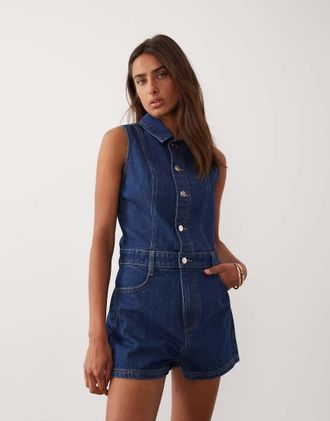 Miss Selfridge Tuta corta di jeans senza maniche lavaggio indaco con cuciture-Blu