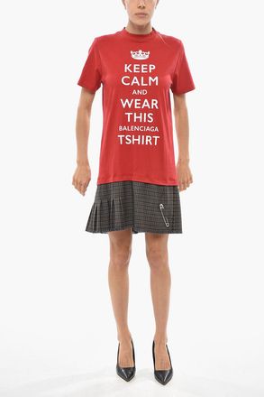 Balenciaga Tee Dress KEEP CALM with Pleated Checked Skirt Balenciaga