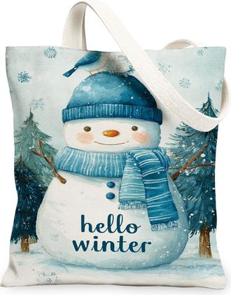 Generic Winter Snow Man Canvas Tote Bags, Cute Cold Friend Design Reusable Grocery Bags, Lightweight Washable Shoulder Strap Canvas, Blue, 13x15 Inch
