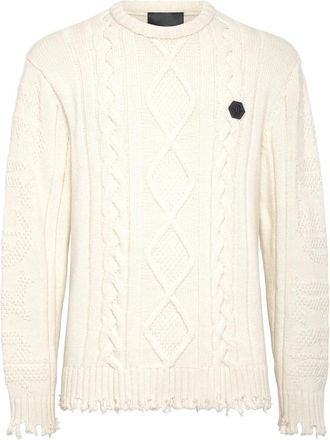 Philipp Plein Lambswool Pullover Round Neck LS Skull&Bones - Heren - Ronde hals truien - Wit - 3XL - Wol - Truien & Vesten