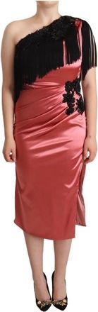 Dolce & Gabbana One-Shoulder Silk Tassel Fringe Gown Mid Jurk - Dames - Feestkleedjes - Roze - M - Leer - Kleedjes