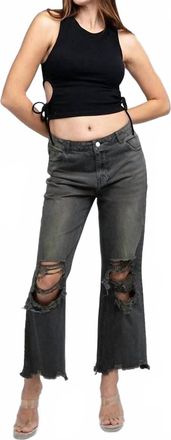 Bibi Distressed Vintage Washed Wide-Leg Western Pants In Black Charcoal