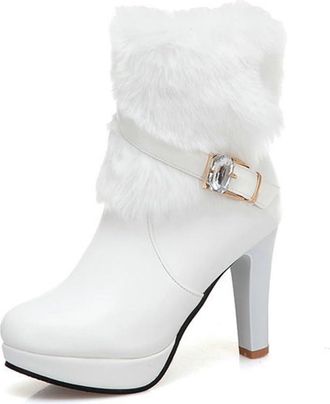 Generic Womens Side Zipper Winter Warm Plush Lined Platform High Heel Ankle Snow Boots with Rhinestones Buckle Strap (5.5,White)