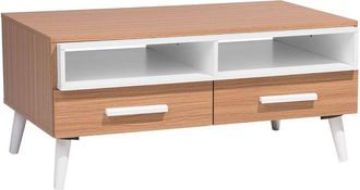 Beliani Mesa De Centro De Madera Clara Y Blanca Con Estantes Gris 2 Cajones 100 X 60 Cm Estilo Escandinavo Alloa