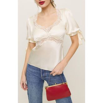 Reformation Dolly Lace Trim Silk Charmeuse Top in Fior Di Latte at Nordstrom, Size 8